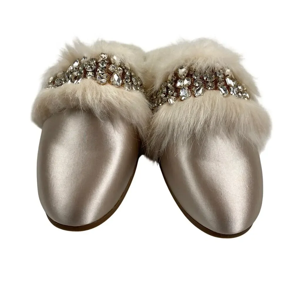 Express Faux Fur Crystal Mule Slippers Pink Coquette Twee Glam Cozy Holiday Chic - Picture 6 of 9